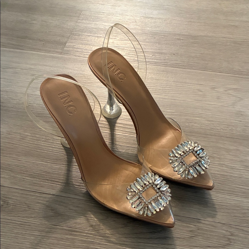 INC International Concepts Nude Pointed Slingback Heels with Crystal Buckle
